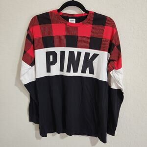 VS PINK Red and Black Plaid College Girl Oversized Tee Size - S